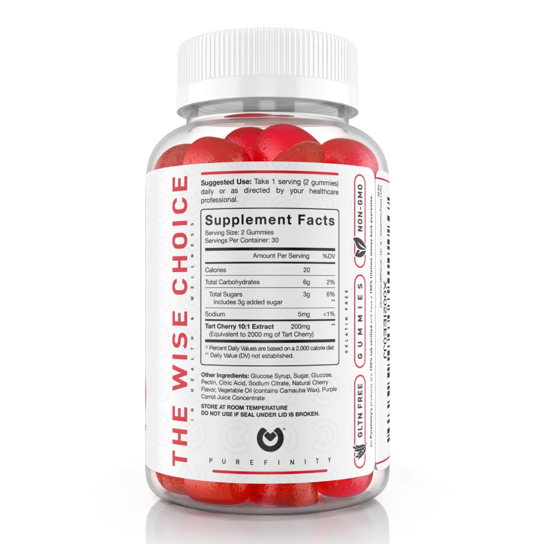 PUREFINITY Tart Cherry Gummy - Uric Acid Flush for Joint Relief & Recovery, Raw Juice Extract Antioxidant - Non-GMO, Gluten Free, Vegan, 60 Gummies