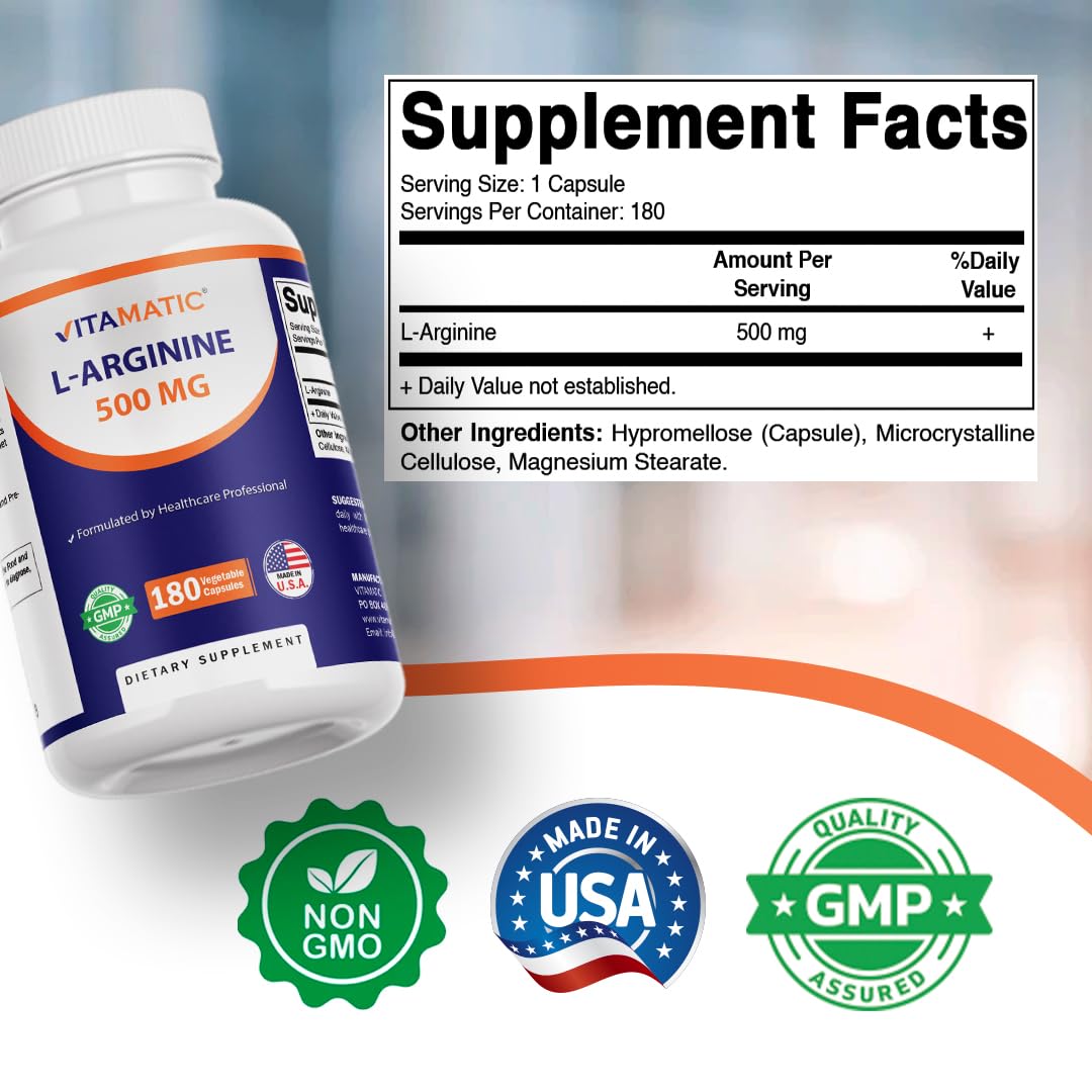 Vitamatic L-Arginine 500mg Capsules, 180 Count
