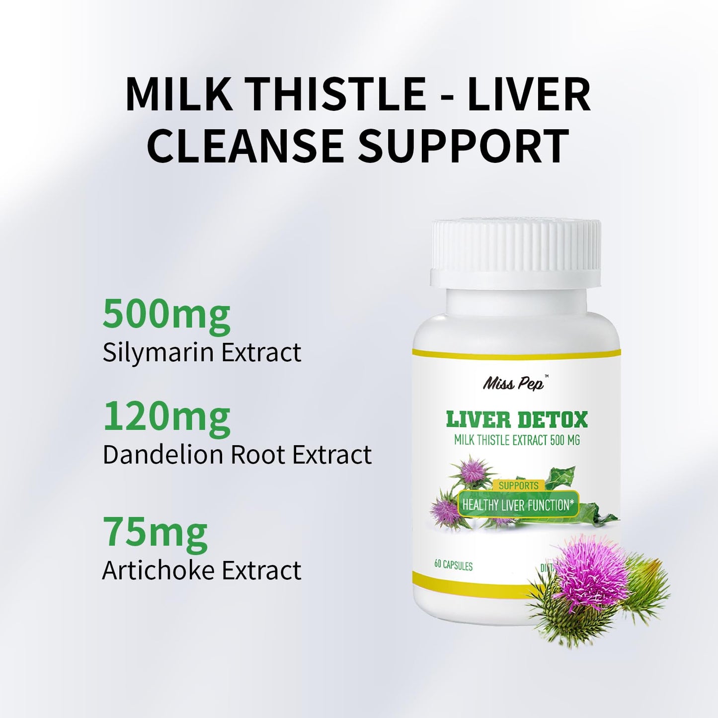MISS PEP Milk Thistle 500 mg Per Capsule Liver Health Support, Vegan, Non-GMO, 60 Capsules