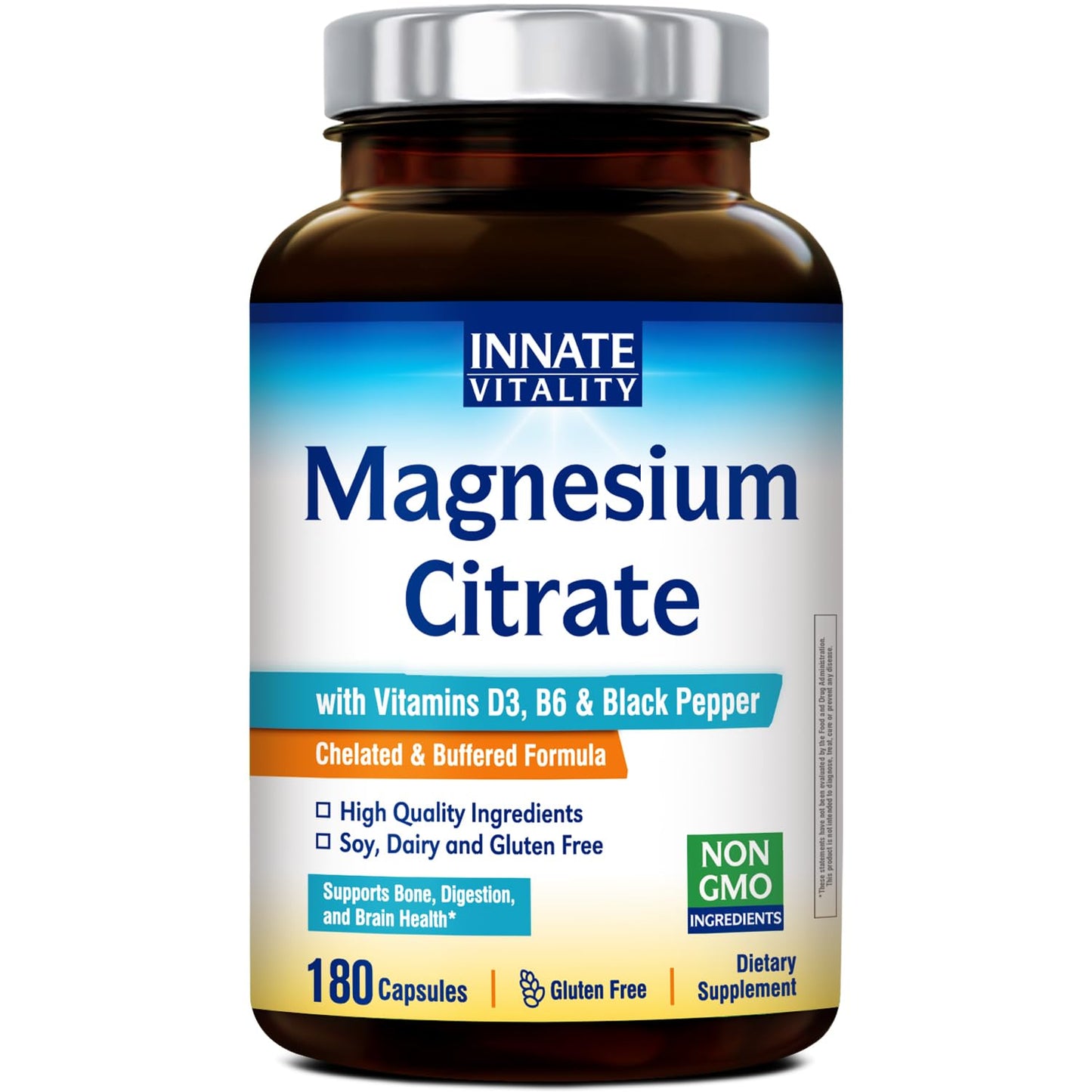 Innate Vitality Magnesium Citrate Chelated Magnesium Supplement with Vitamin D3, B6, Black Pepper Extract, Enhanced Absorption, Digestion, Bone & Brain Support, 180 Capsules