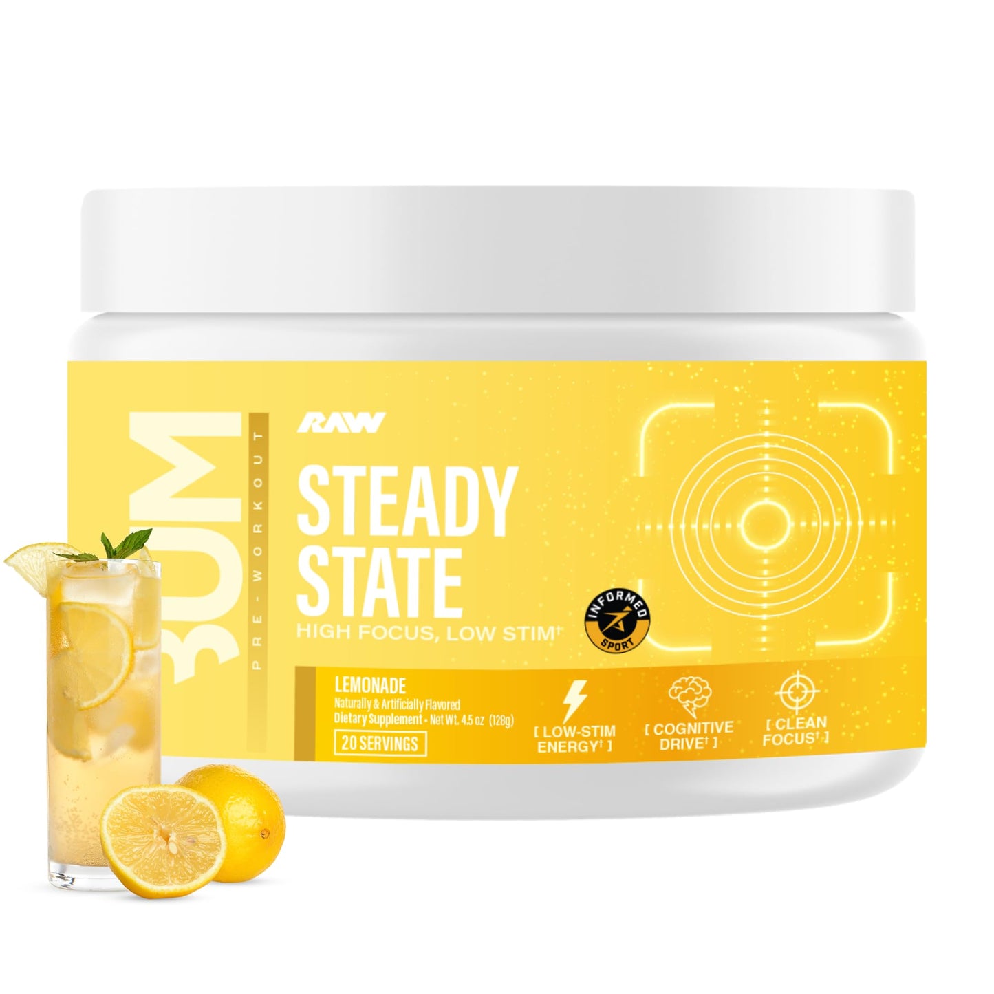 RAW Steady State Low Stim Nootropic Pre Workout Powder 4.8 Ounce