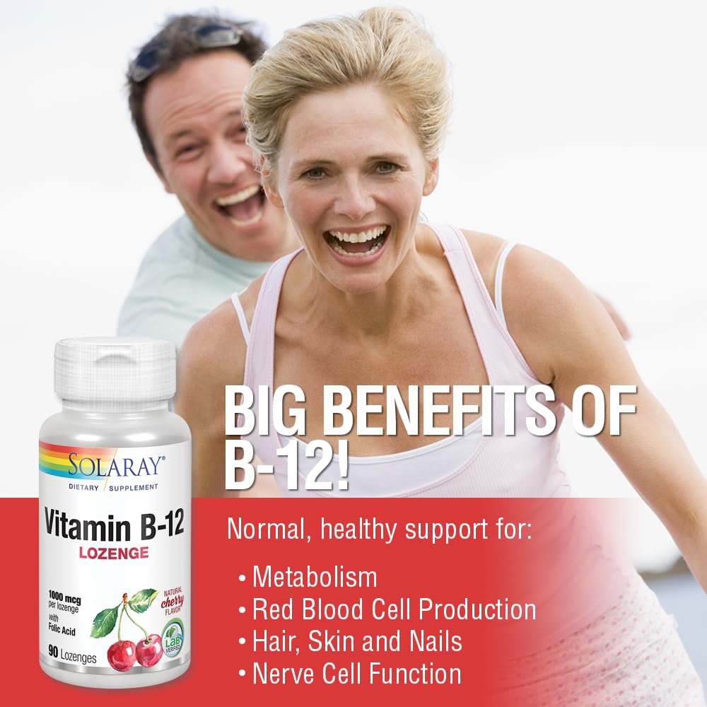 SOLARAY Vitamin B-12 1000mcg Lozenges with Folic Acid, Natural Cherry Flavor, Healthy Energy Support, 90 Count