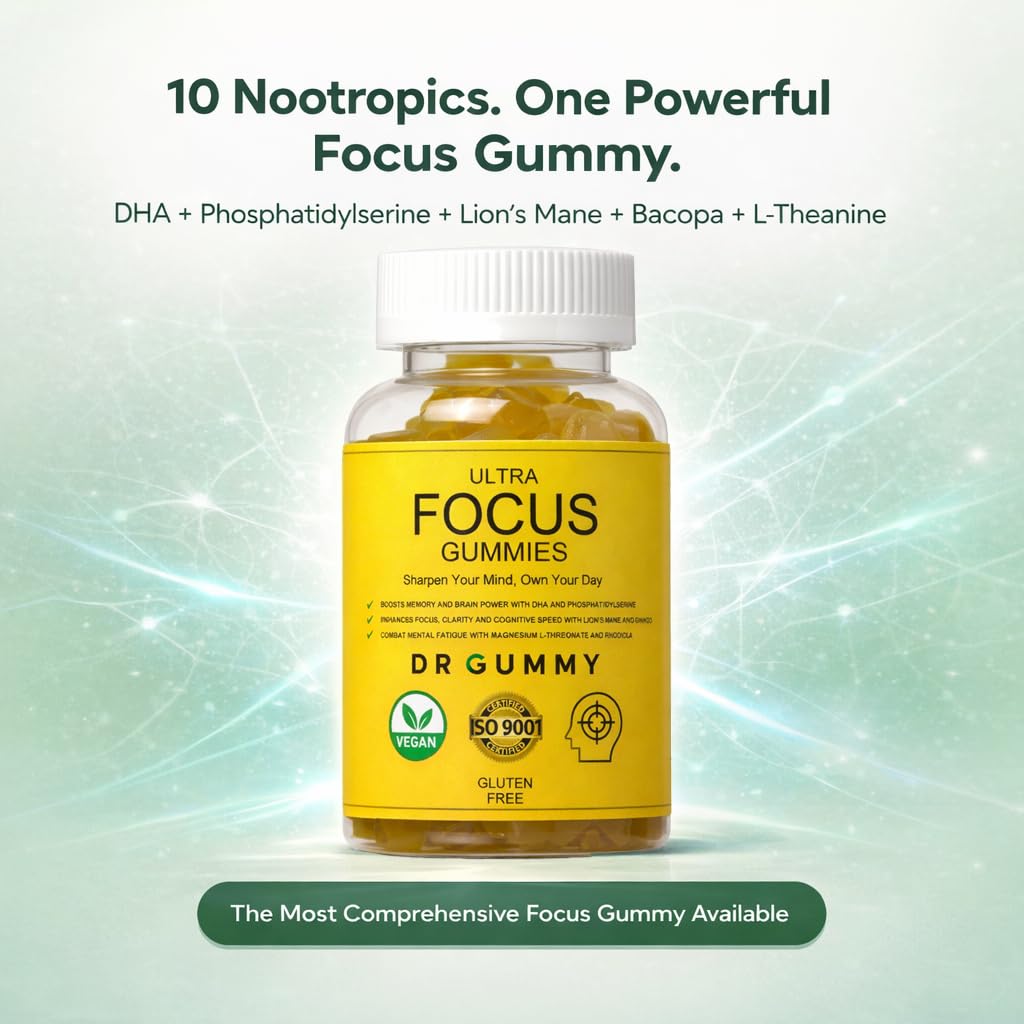 DR GUMMY Ultra Focus Gummies for Adults – Focus & Concentration Support with DHA (Algae) + Phosphatidylserine, Lion’s Mane, Bacopa, Ginkgo & Magnesium L-Threonate – Lemon, 60 Gummies
