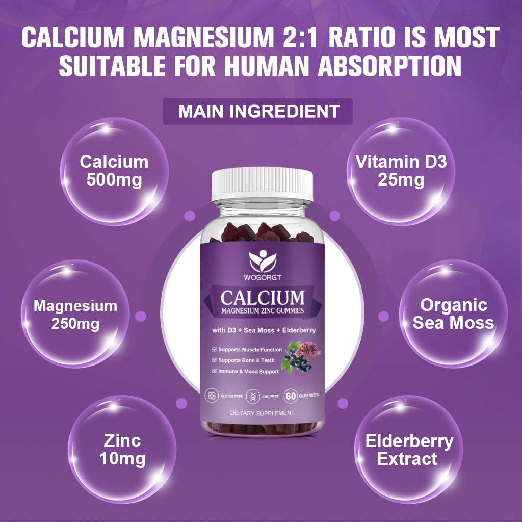 WOGORGT Calcium Magnesium Zinc Gummies with Vitamin D3 Bone Support, 180 Gummies