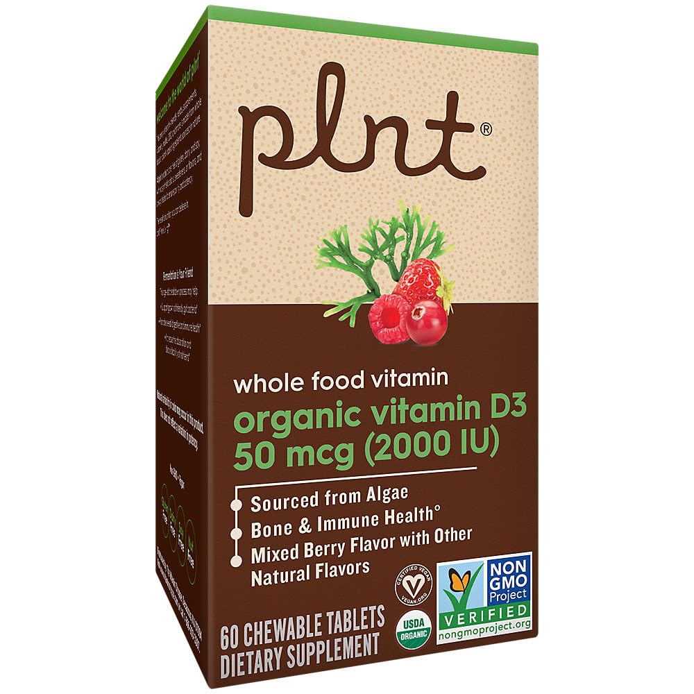 plnt Organic Vitamin D3 50 MCG (2,000 IU) Whole Food Vitamin A Mixed Berry Chewable Tablets 60