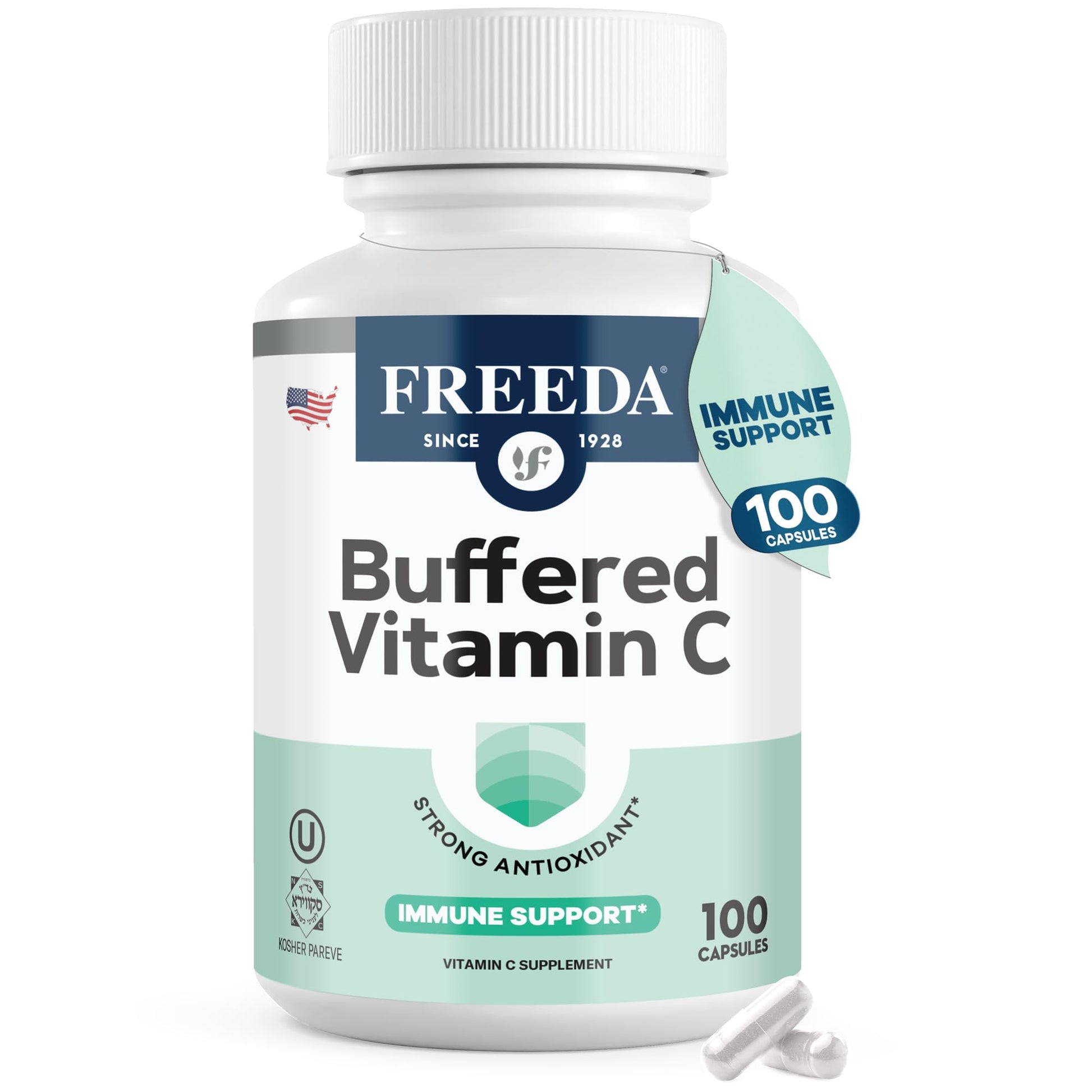 FREEDA Buffered Vitamin C 500mg – Non-Acidic Calcium Ascorbate – Immune Support & Antioxidant – Kosher, Gentle on Stomach – 100 Capsules