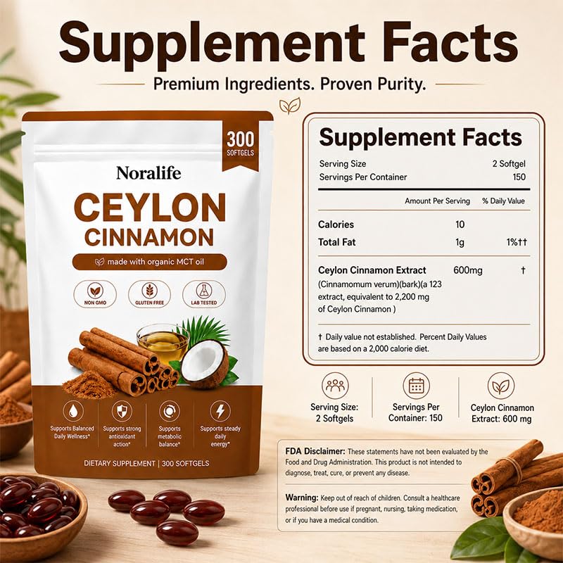 Yuki Growth Noralife Ceylon Cinnamon Premium Organic MCT Oil Capsule 300 Count