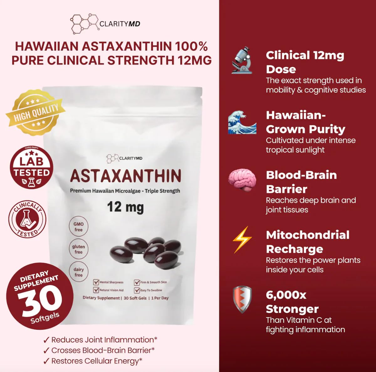ClarityMD Astaxanthin 12mg Softgels, 90 Count