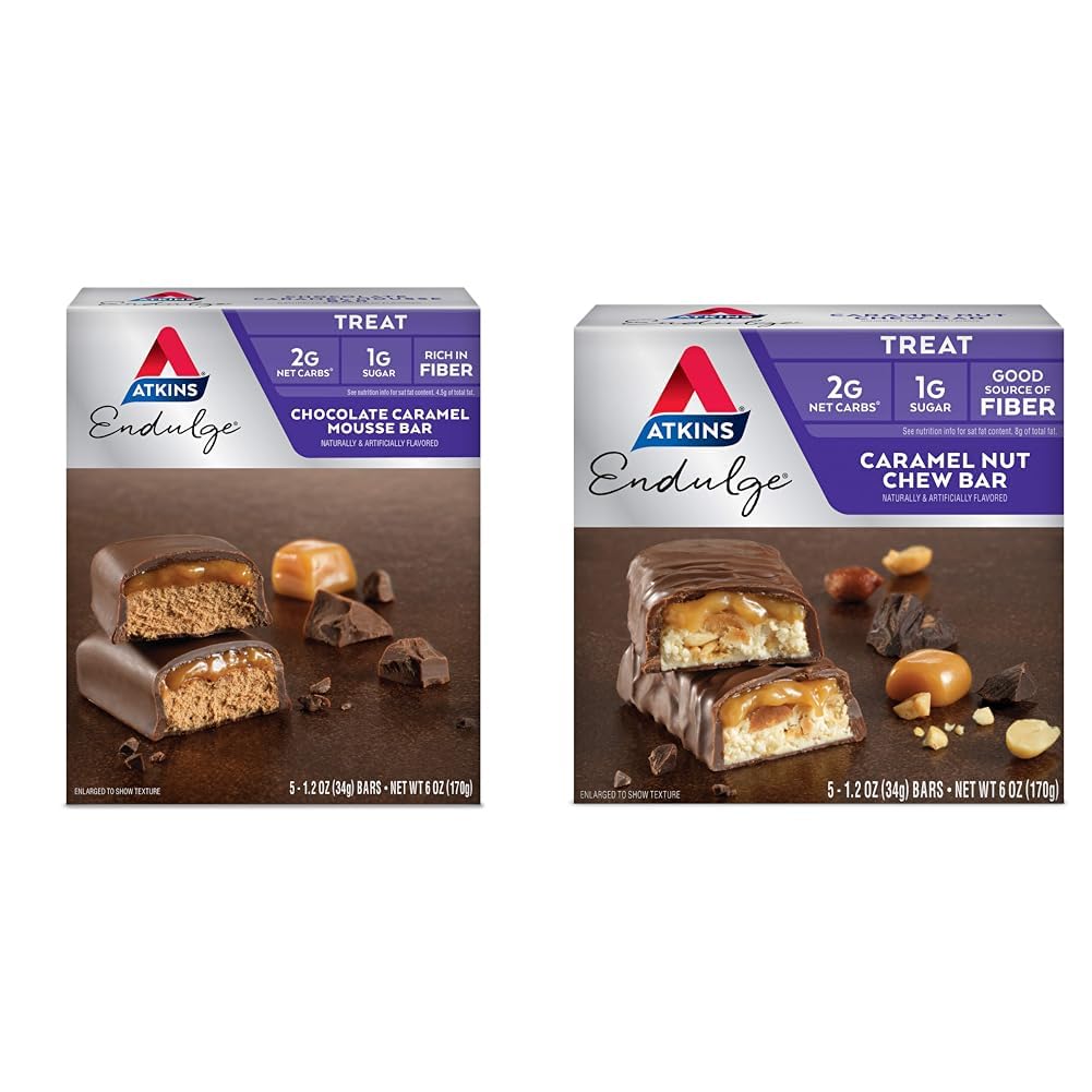 Atkins Endulge Chocolate Caramel Mousse Bar and Caramel Nut Chew Bar Bundle, 12 Bars