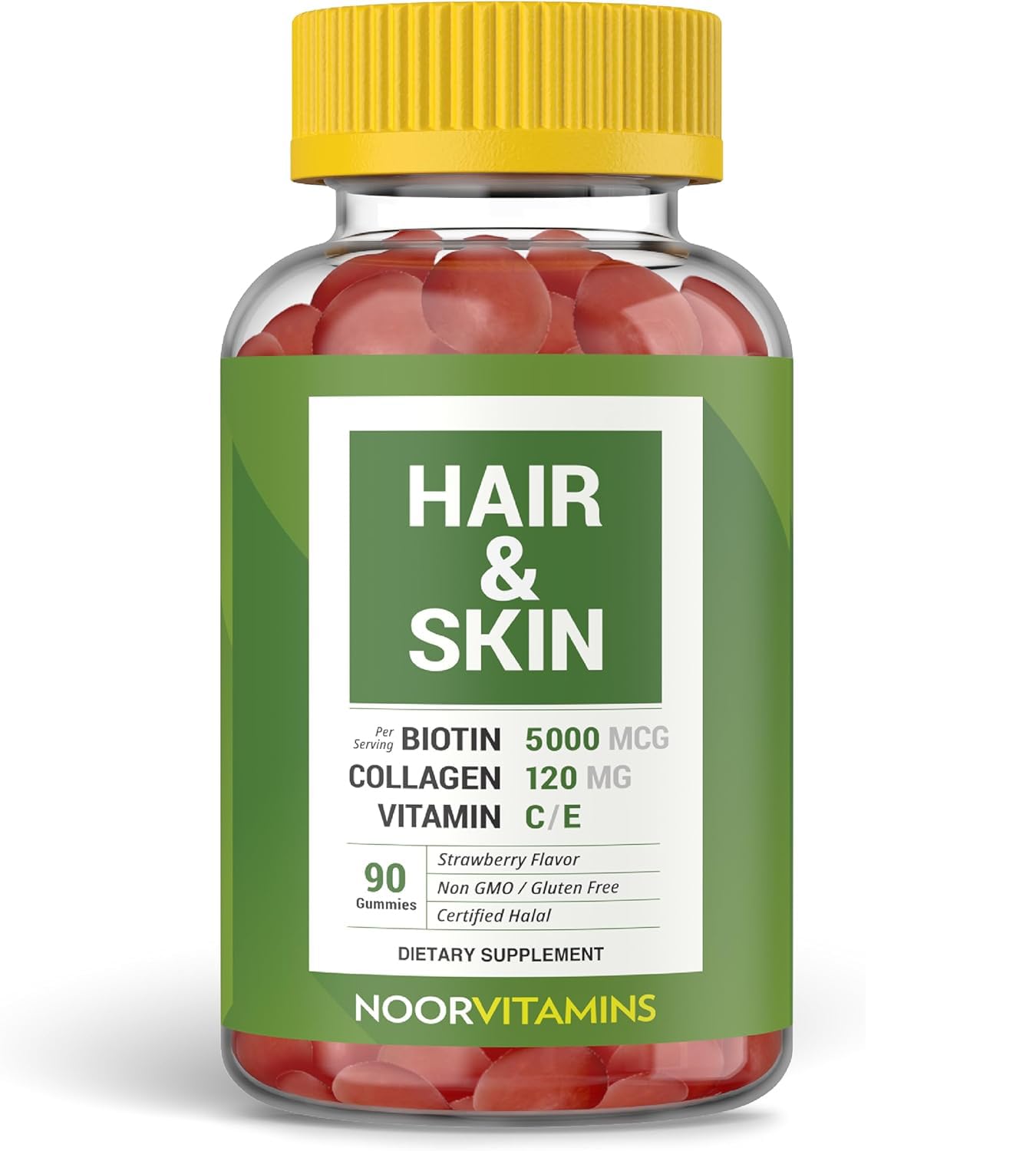 Noor Vitamins Halal Hair Vitamins Biotin, Collagen, Silica, Vitamin C & E Supports Hair, Skin & Nail Health Natural Strawberry Gummy, 90 Count