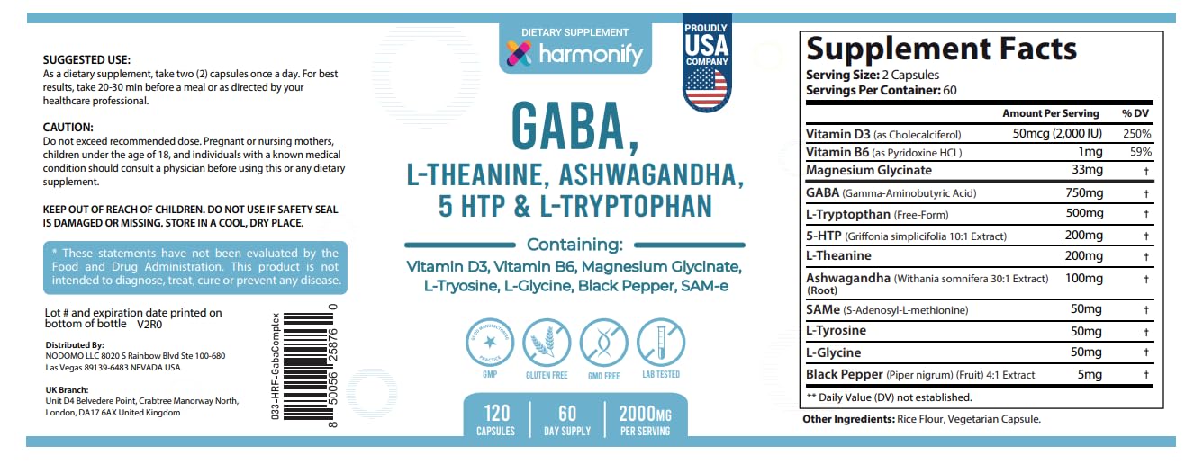 HARMONIFY GABA L-Theanine with Magnesium Glycinate, Ashwagandha, Same, 5-HTP & L-Tryptophan, 12-in-1 Capsule, 60 Count