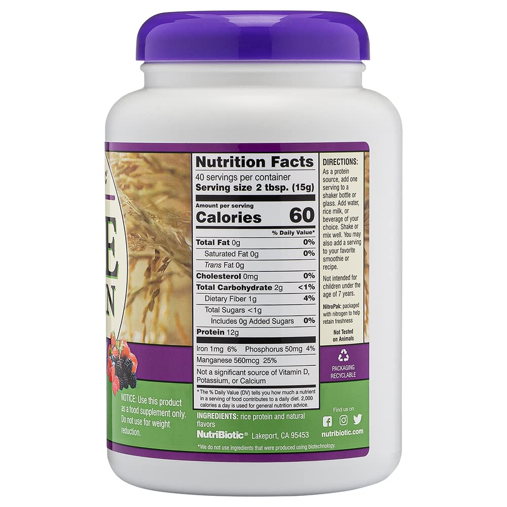 NutriBiotic Mixed Berry Brown Rice Protein Powder - Vegan - 600g, 21 Servings