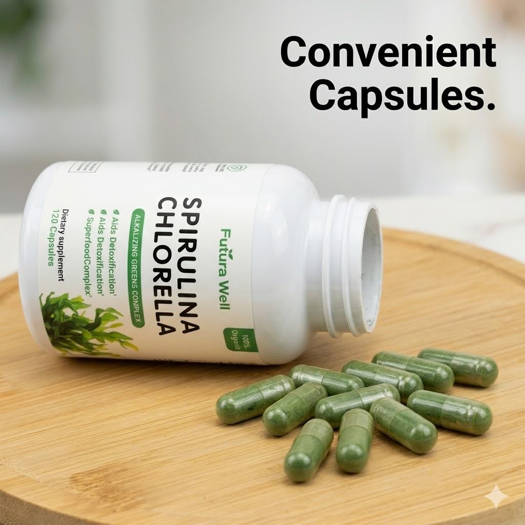 Galriva Organic Spirulina & Chlorella Capsules with Chlorophyll, Green Food Complex, 60 Capsules