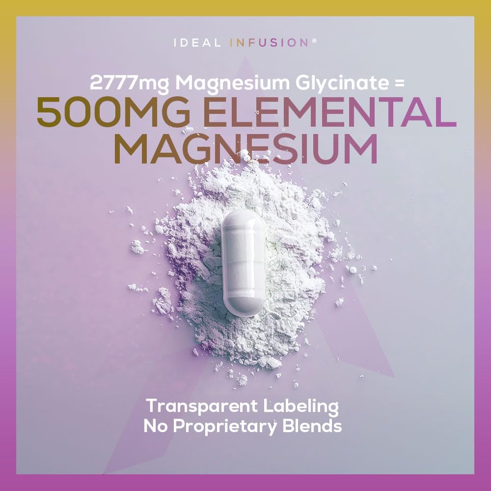 Ideal Infusion Elemental Magnesium Bisglycinate 500mg – High Absorption Magnesium Supplement for Relaxation, Deep Sleep & Muscle Recovery – Supports Calm, Bone & Nerve Health – Vegan, Non-GMO – 240 Capsules