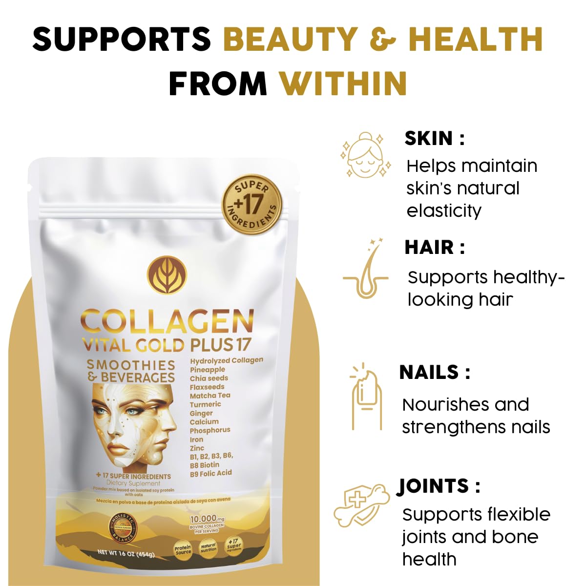 Gold Vital Life Collagen Peptides Powder - Hydrolyzed Collagen with +17 Super Ingredients, 16 oz