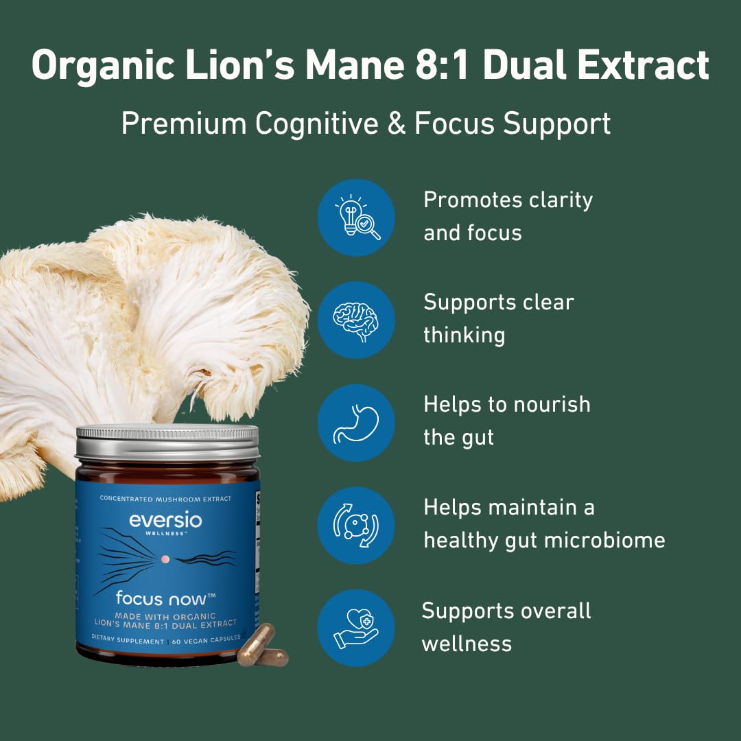 Eversio Wellness Organic Lion’s Mane Capsules – 8:1 Dual Extract, 500mg per Capsule, >35% Beta-Glucans – Fruiting Body Mushroom Supplement for Focus & Memory Support, 60 Capsules
