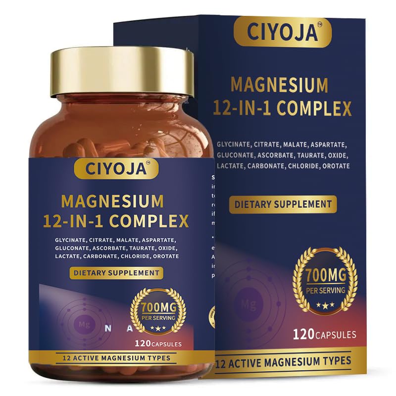 CIYOJA 12-in-1 Magnesium Complex for Women Men Magnesium Glycinate 700mg with Citrate Malate Taurate Chelated Forms High Absorption Magnesium Supplement for Relaxation Muscle & Heart Capsules 120