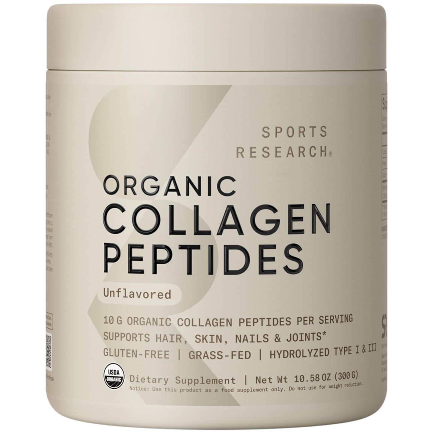 Sports Research Organic Collagen Peptides - Hydrolyzed Type I & III Collagen Protein Powder 10.58 Ounce