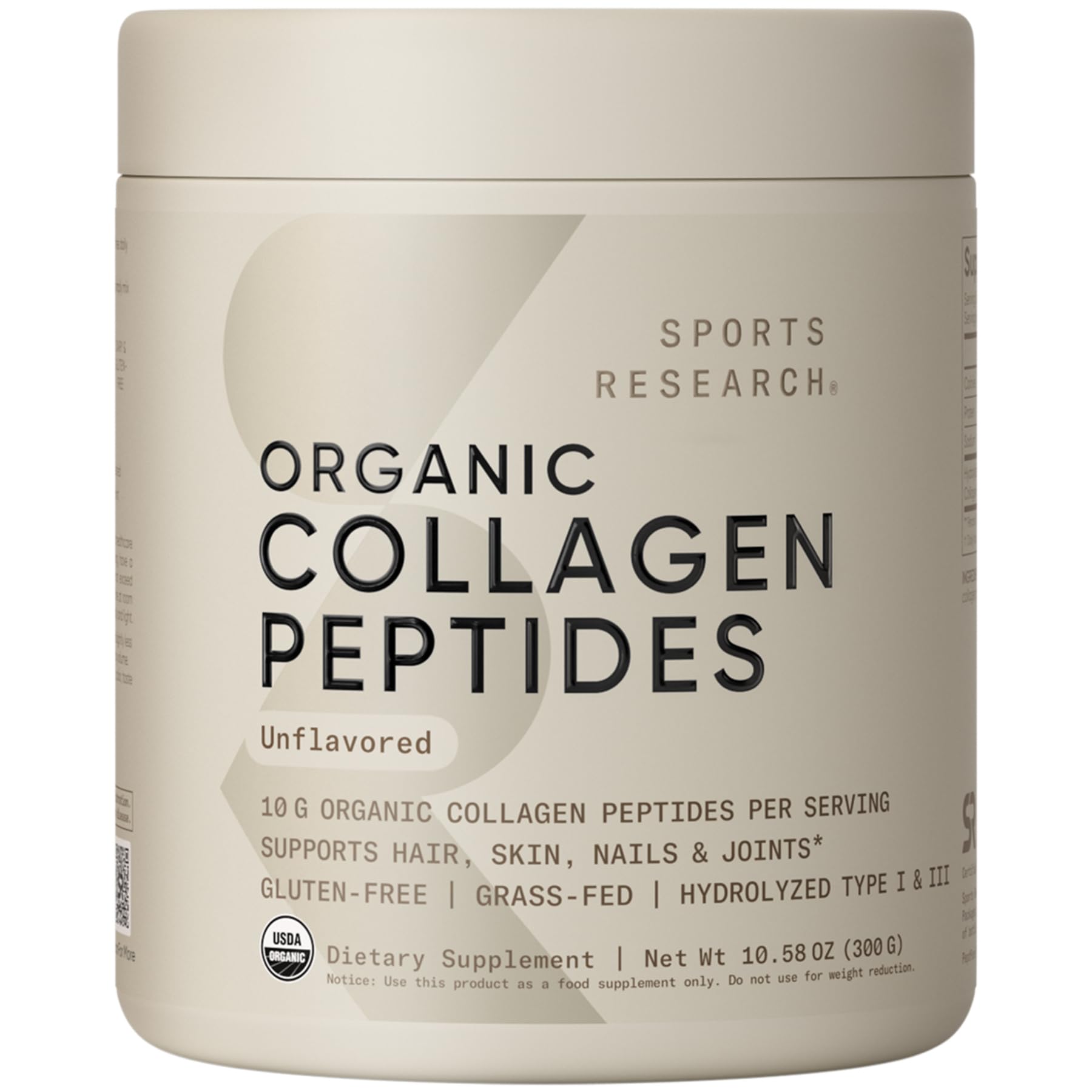Sports Research Organic Collagen Peptides - Hydrolyzed Type I & III Collagen Protein Powder 10.58 Ounce