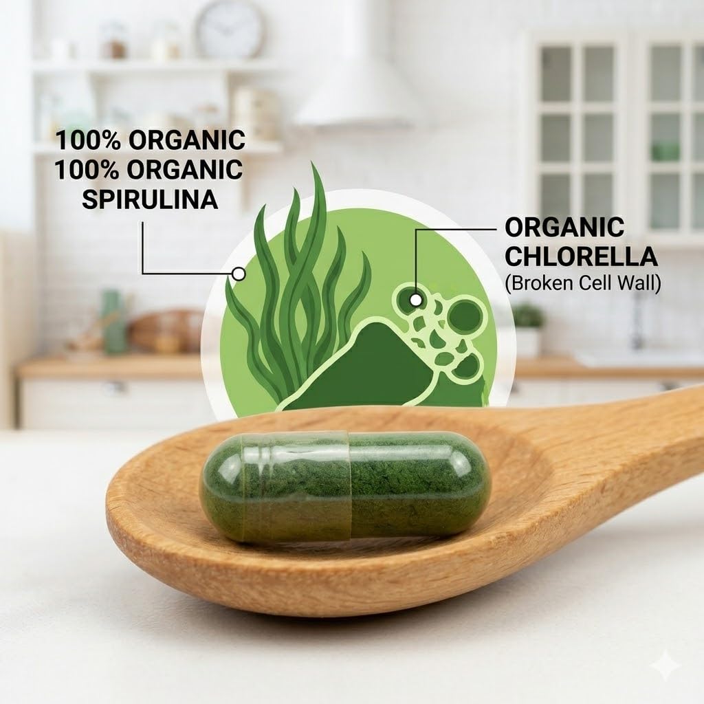 Galriva Organic Spirulina & Chlorella Capsules with Chlorophyll, Green Food Complex, 60 Capsules