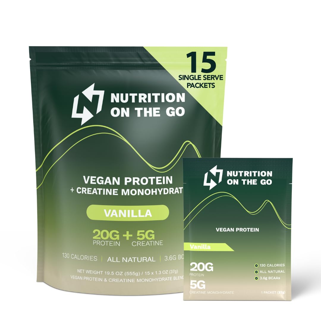 Nutrition On The Go Vegan Protein Powder Packets with Creatine – Single-Serve Travel Protein Powder – Vanilla – 15 Packets