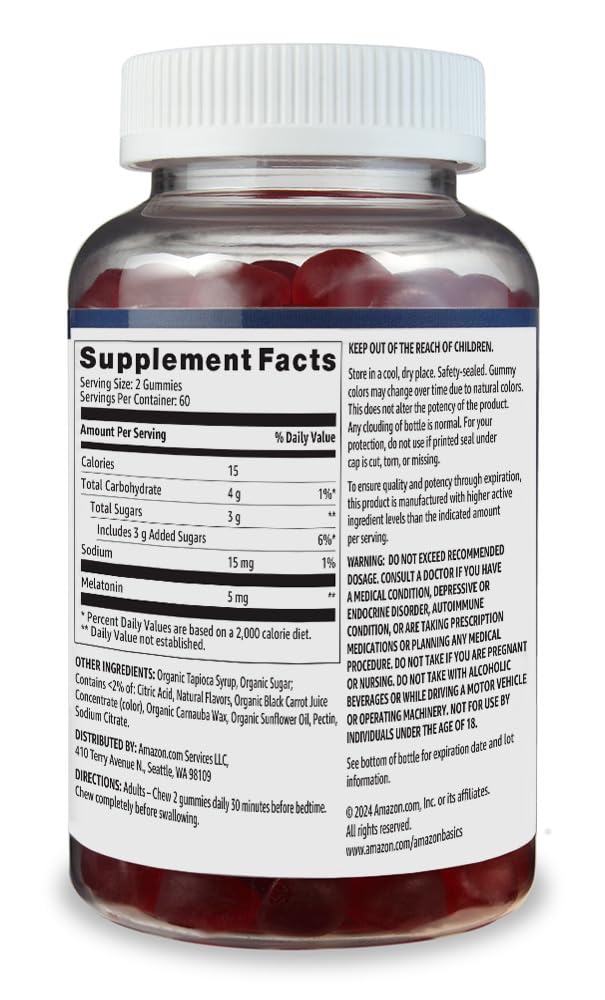 Amazon Basics Melatonin Sleep Support Gummies, Strawberry Flavor, 5mg, 120 Count