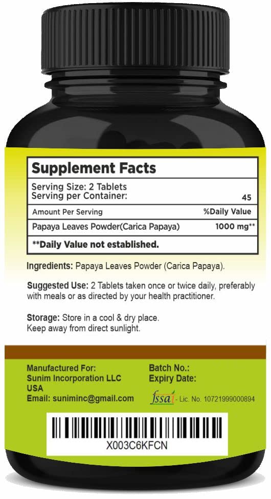 SunNature Papaya Leaf Tablets 1000 mg, 90 Tablets
