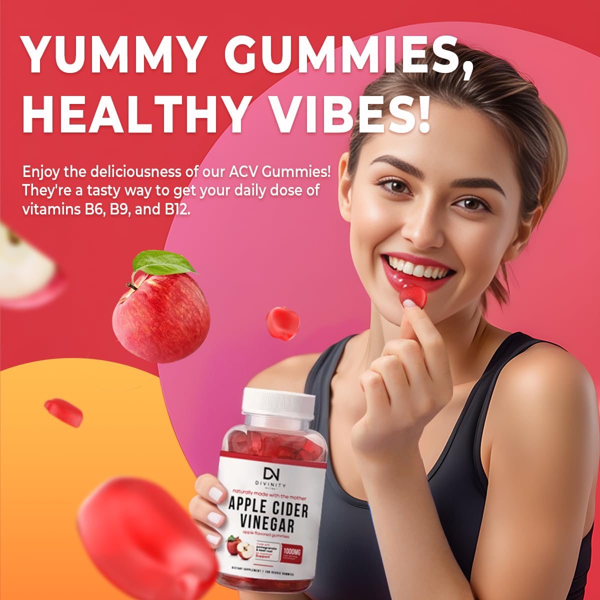 Divinity Nutra Apple Cider Vinegar Gummies with Mother, Detox & Weight Loss Support, with B12, B6, Pomegranate & Beet Root, 100 Gummies