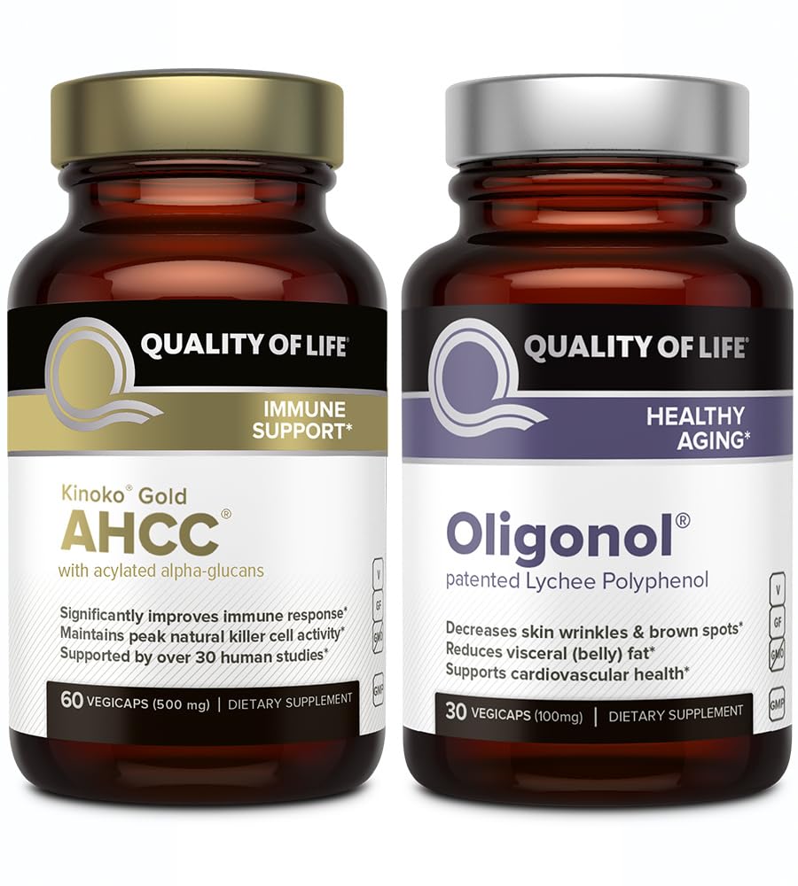 Quality of Life Kinoko Gold AHCC and Oligonol Lychee Extract Powder Immune Support Healthy Aging Bundle