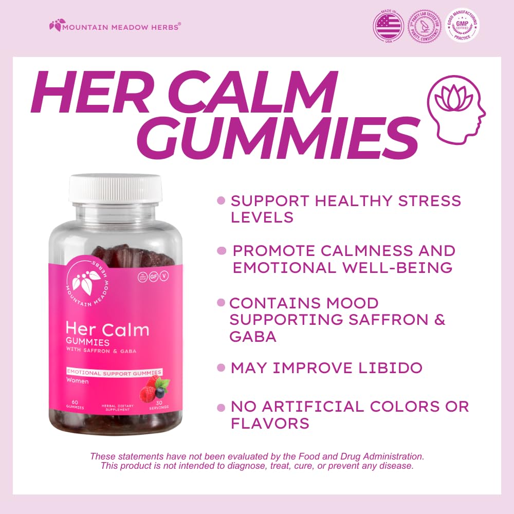Mountain Meadow Herbs Her Calm Gummies – Natural Mood Support with Saffron, Passion Flower, St. John’s Wort, GABA – Stress Relief Supplement for Women, 60 Count