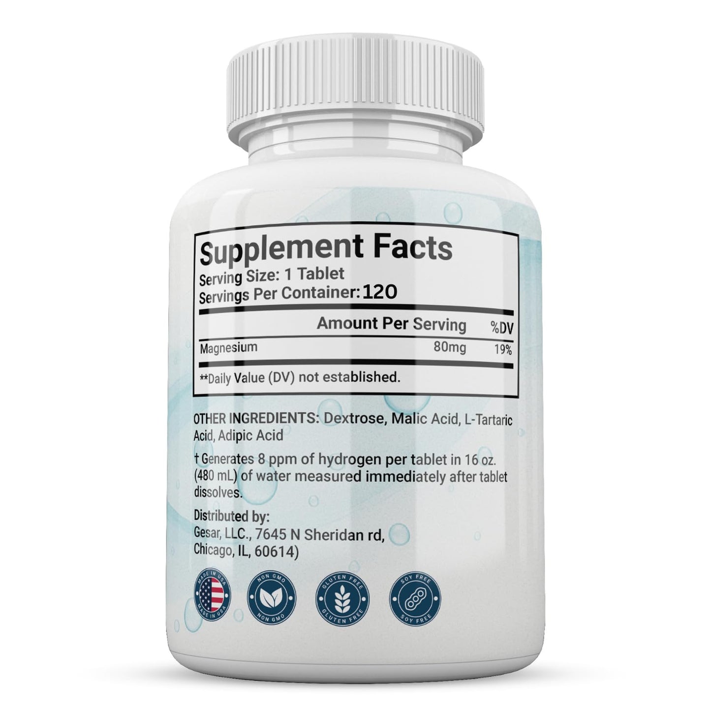 GI.DA.CULTURE Molecular Hydrogen Water Tablets (8 ppm) Magnesium, Malic & L-Tartaric Acid Hydration & Antioxidant Supplement, Energy Support, 120 Tablets