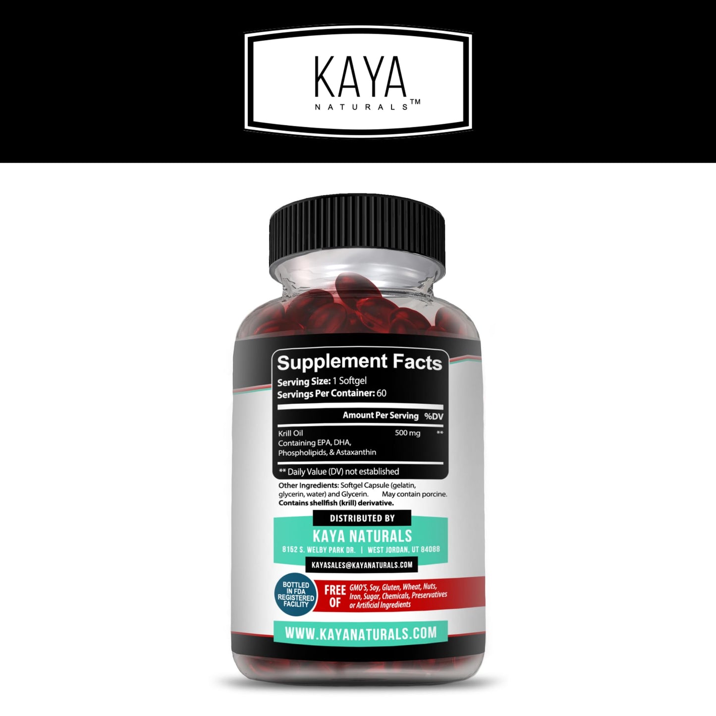 Kaya Naturals Antarctic Krill Oil 500mg with Omega-3 EPA/DHA, Phospholipids & Astaxanthin Softgels, 60 Count