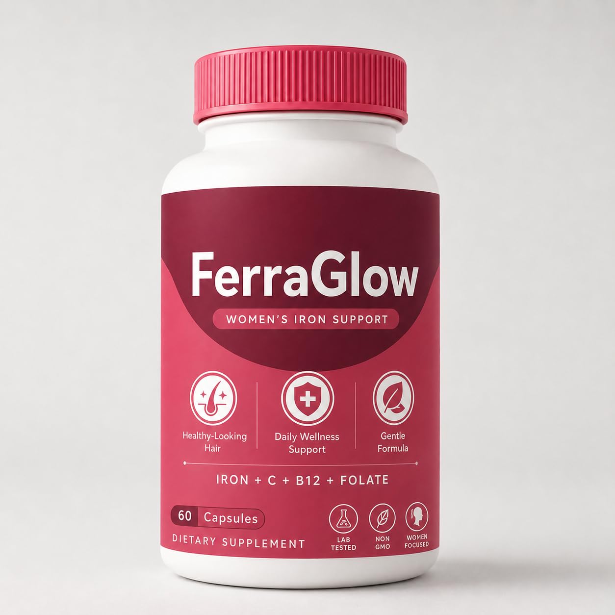 NOVORIC FerraGlow Iron Support Capsules with Iron Bisglycinate Lactoferrin Vitamin C B12 and Gentle Absorption Formula for Women Daily Wellness Hair Energy Support, 60 Count