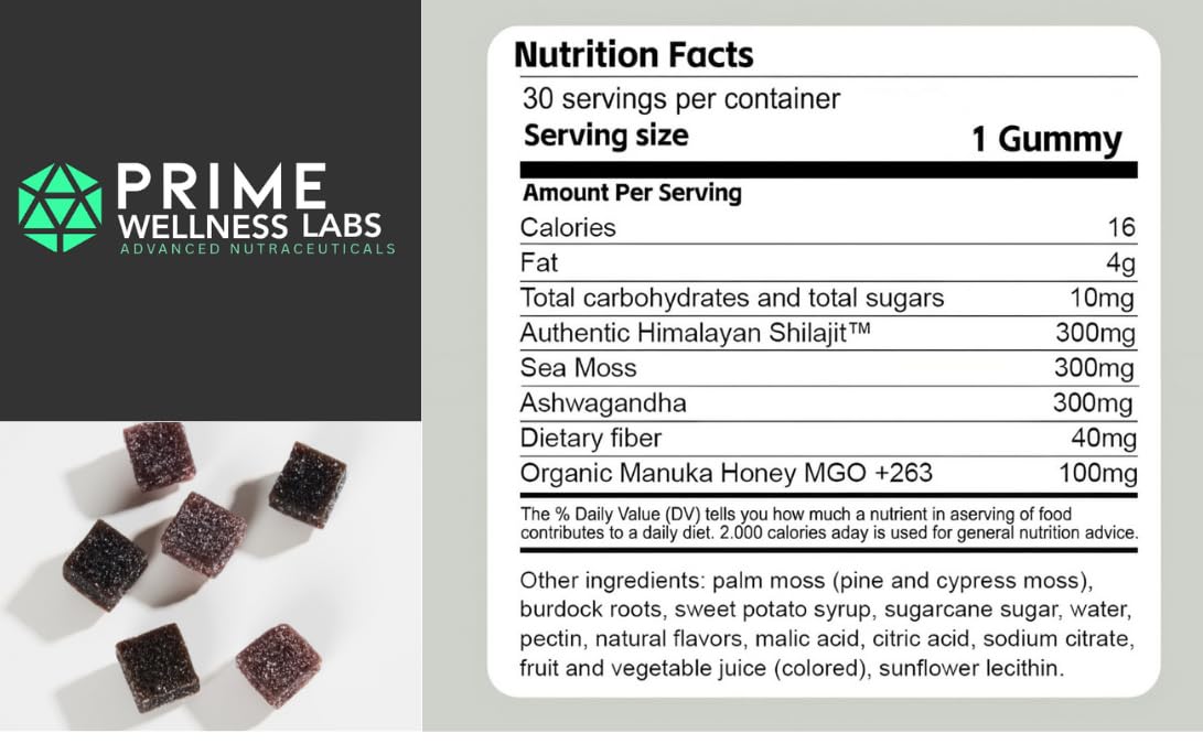 Prime Wellness Labs Ashwagandha, Shilajit & Sea Moss Gummies - 3-in-1 Formula – Energy, Immune Support & Stress Relief – Natural Daily Supplement for Men – 60 Gummies