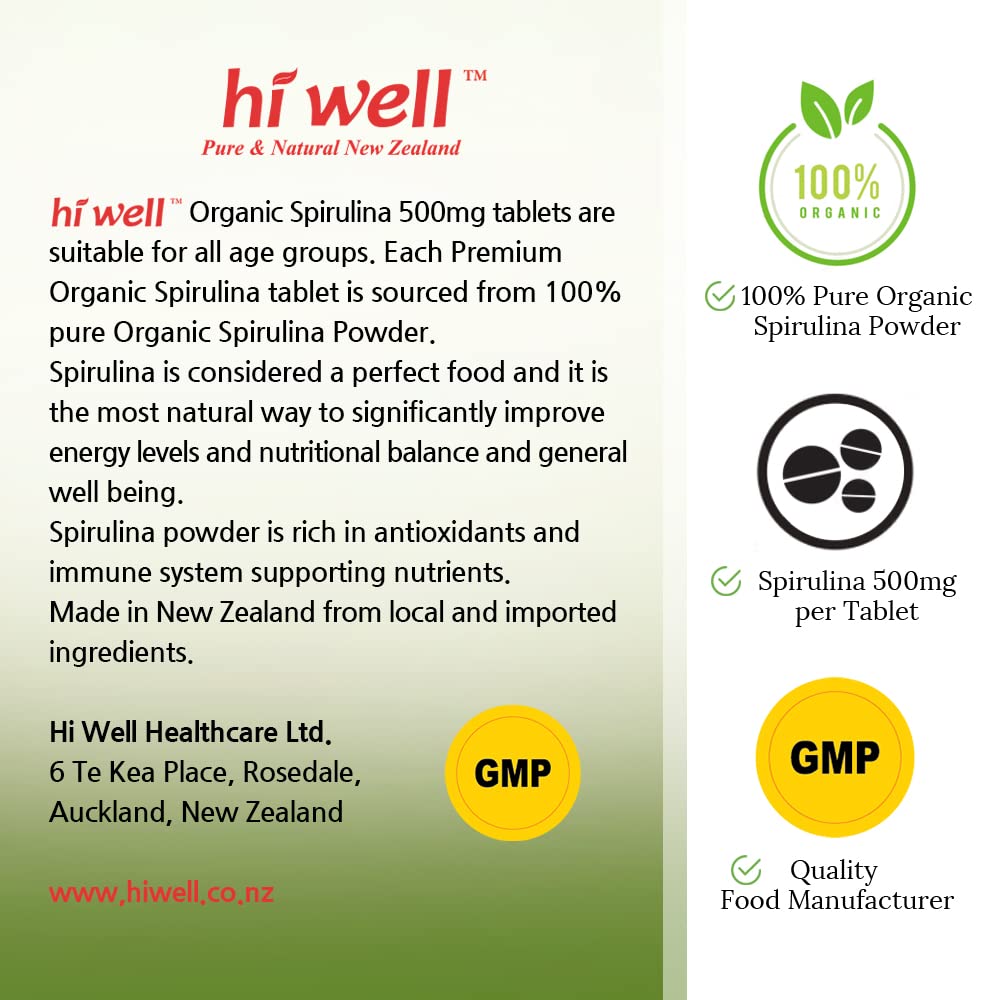 HI WELL PURE & NATURAL NEW ZEALAND Spirulina Organic Tablets 500