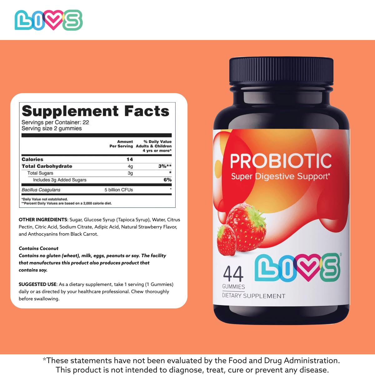 LIVS Probiotic Gummies for Women and Men – 5 Billion CFUs Bacillus Coagulans for Digestive Gut Health, Mood Support & Immune Boost, Strawberry Flavor, 44 Count