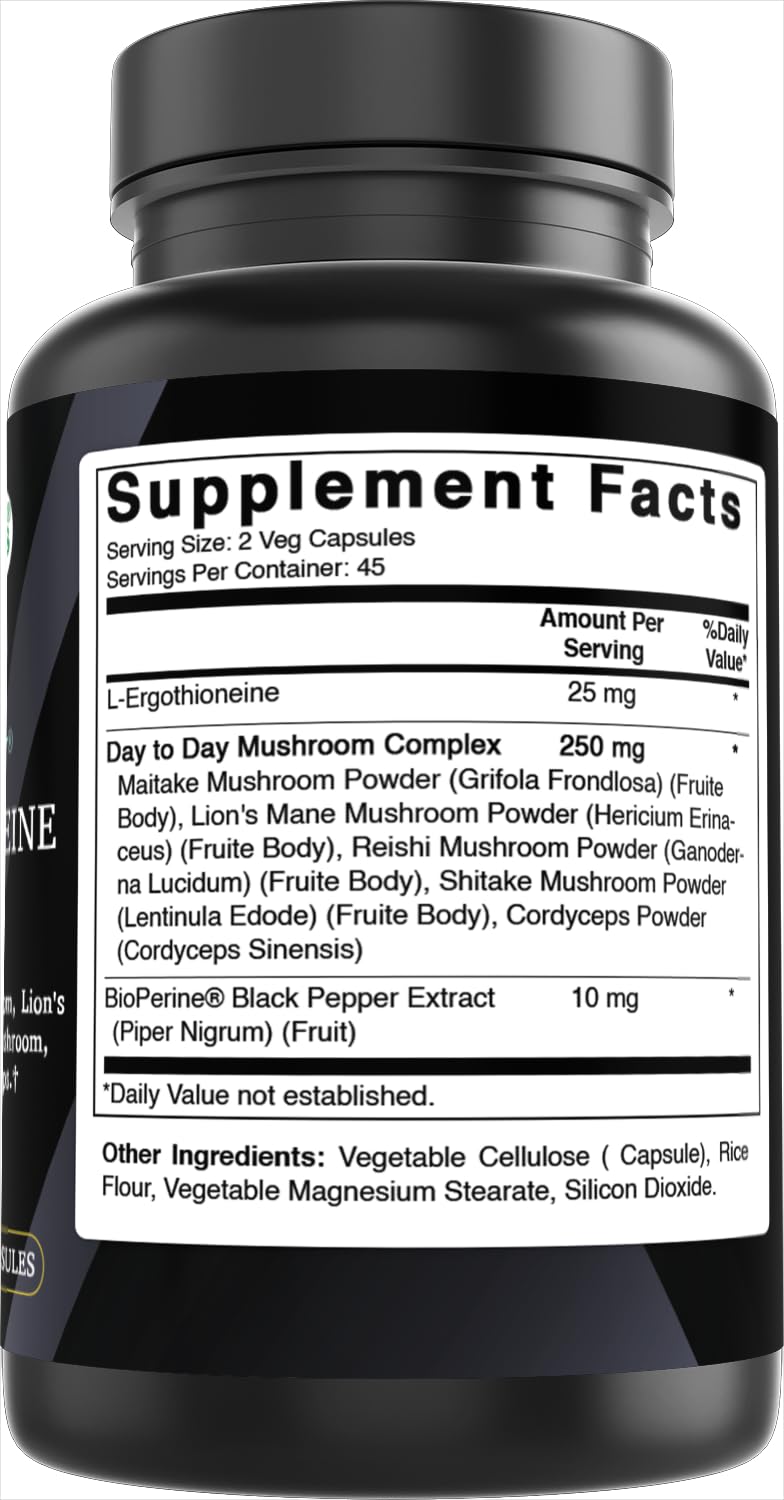Best Naturals Day-to-Day L-Ergothioneine 25 mg with Maitake Mushroom, Lion's Mane Mushroom, Reishi Mushroom Capsules, 90 Count