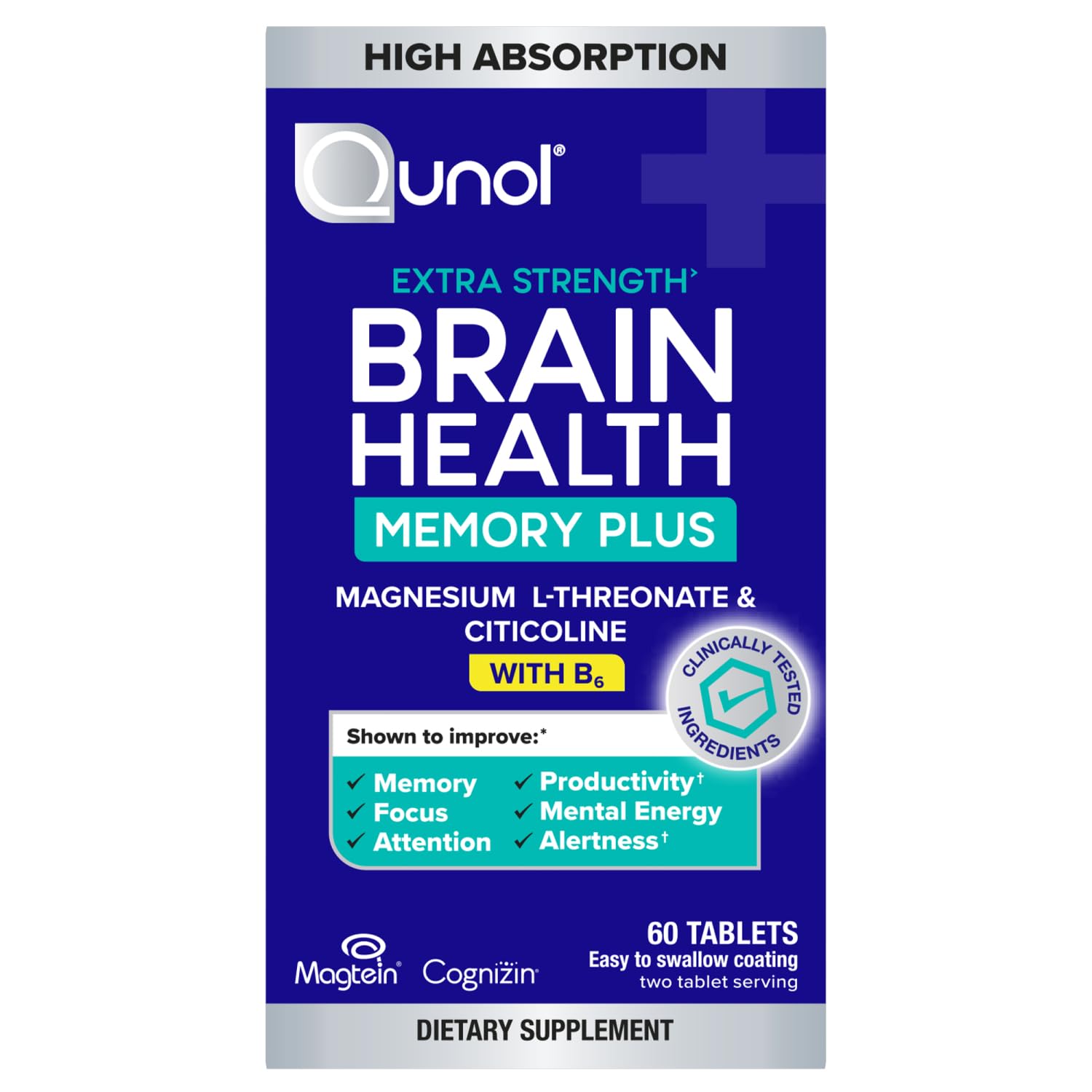 Qunol Brain Health Memory Plus with B6, Magnesium L-Threonate & Citicoline Tablets, 60 Count