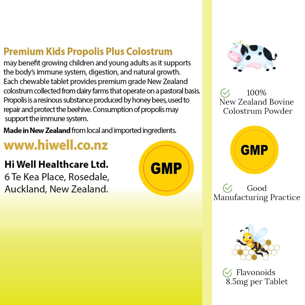 HI WELL PURE & NATURAL NEW ZEALAND Premium Kids Propolis + Grass-Fed Colostrum Chewable 180 Count
