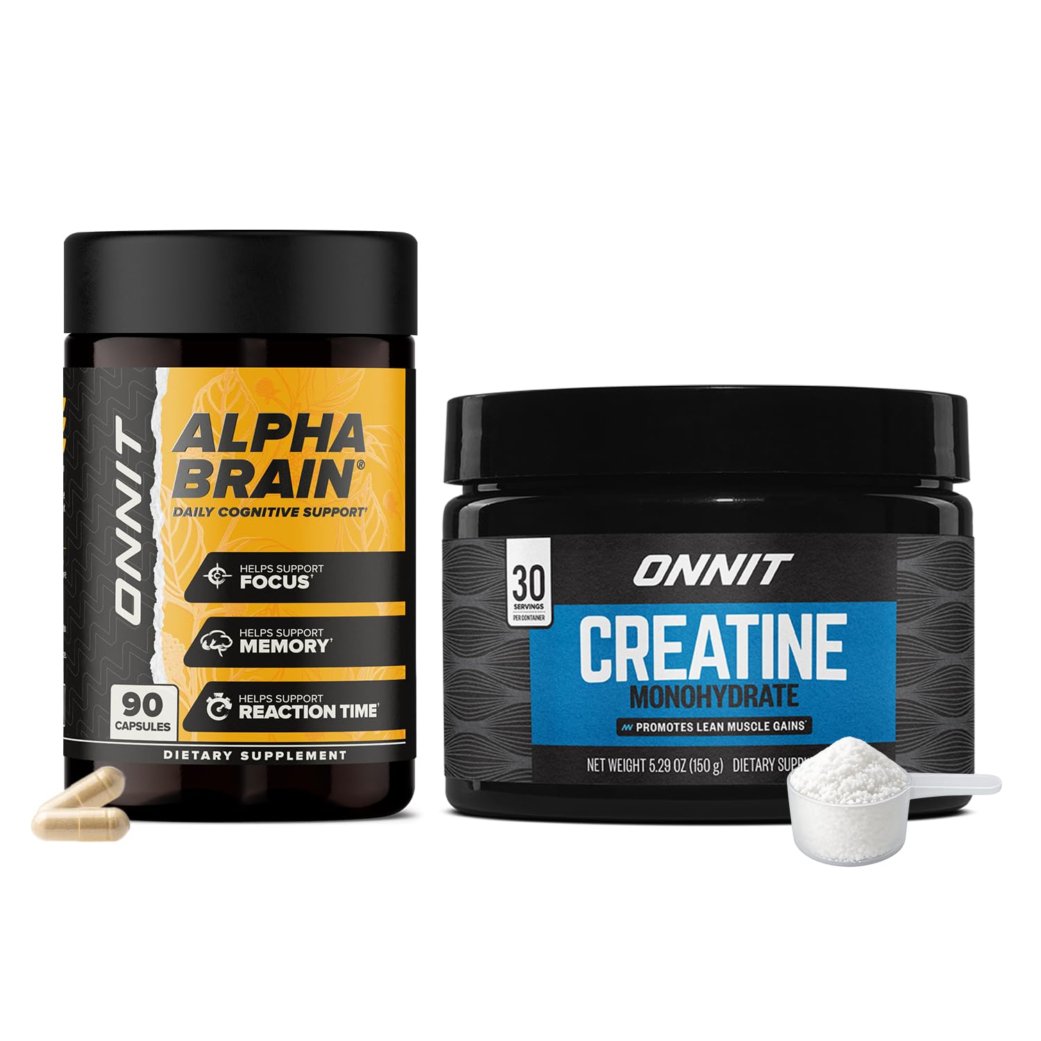 ONNIT Alpha Brain Nootropic Capsules (90 Count) + Creatine Monohydrate Powder (30 Servings) Pack of 2