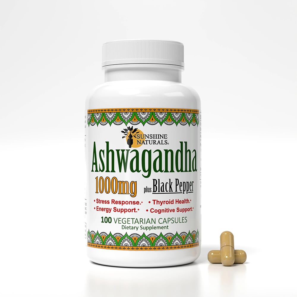 Sunshine Naturals Ashwagandha 1000mg & Black Pepper Dietary Supplement 500 Capsules