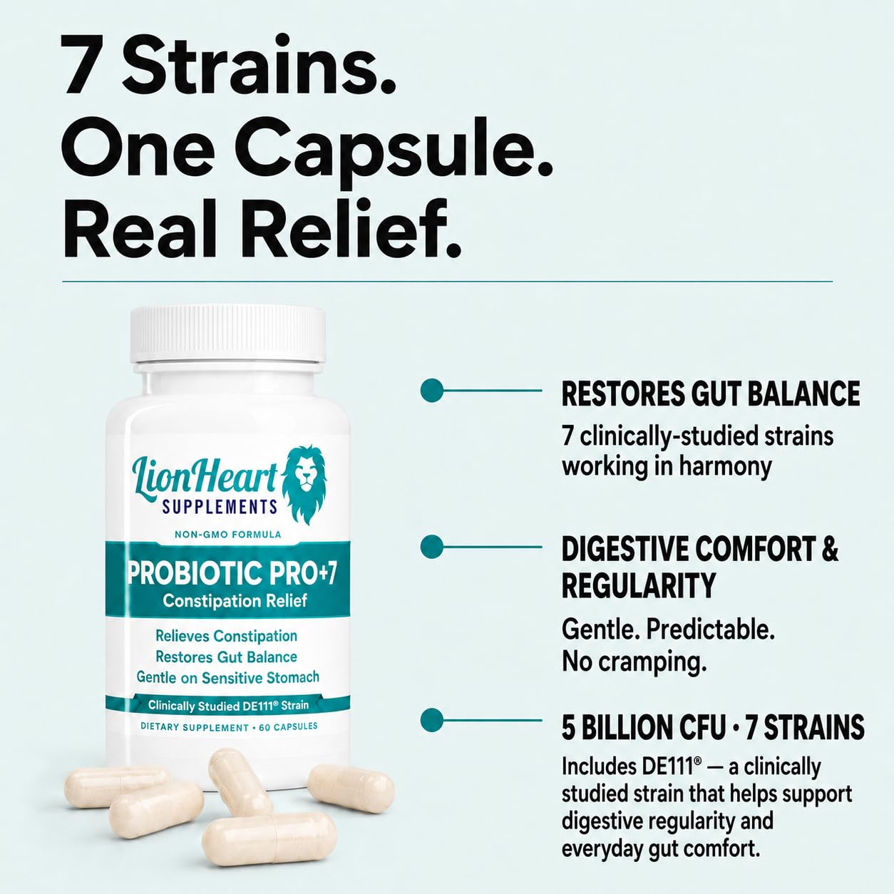 LionHeart Supplements Probiotics for Constipation Relief & Gut Health – Pro+7 with 7 Strains, 5 Billion CFU – Supports Bowel Regularity After Gallbladder Removal & IBS – 60 Capsules