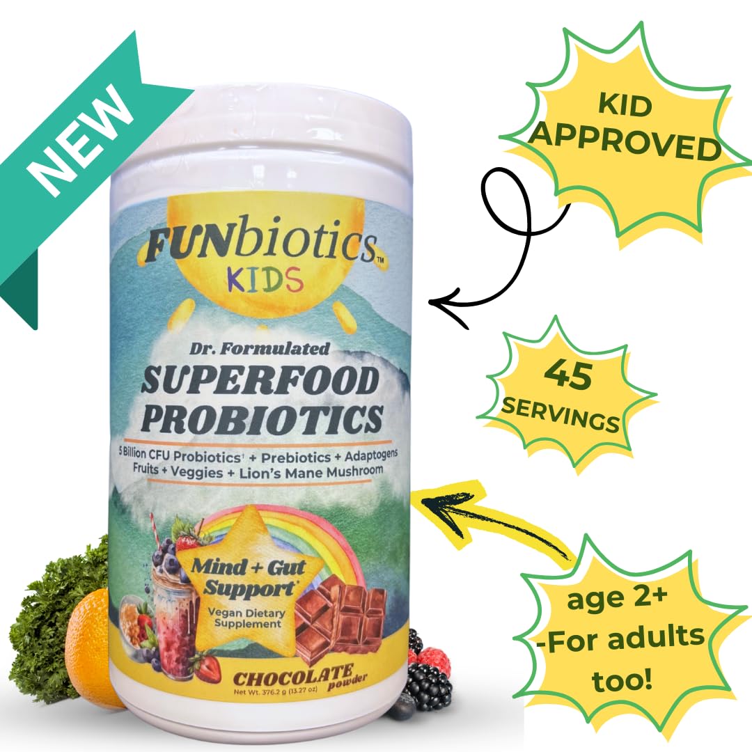 FUNbiotics Kids Probiotics Powder - Dr. Formulated Superfood Probiotic Powder with 5 Billion CFU, Prebiotics, Adaptogens, Lion's Mane - 13.27 Ounce