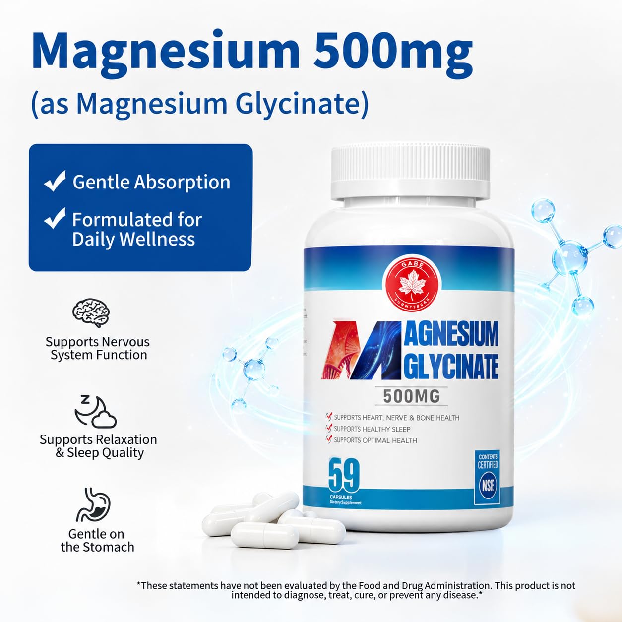 GABE SUNNYBEARS Magnesium Glycinate Capsules 500mg with B12 & B6, High Absorption for Sleep, Relaxation & Muscle Support, Gentle on Stomach, 59 Capsules
