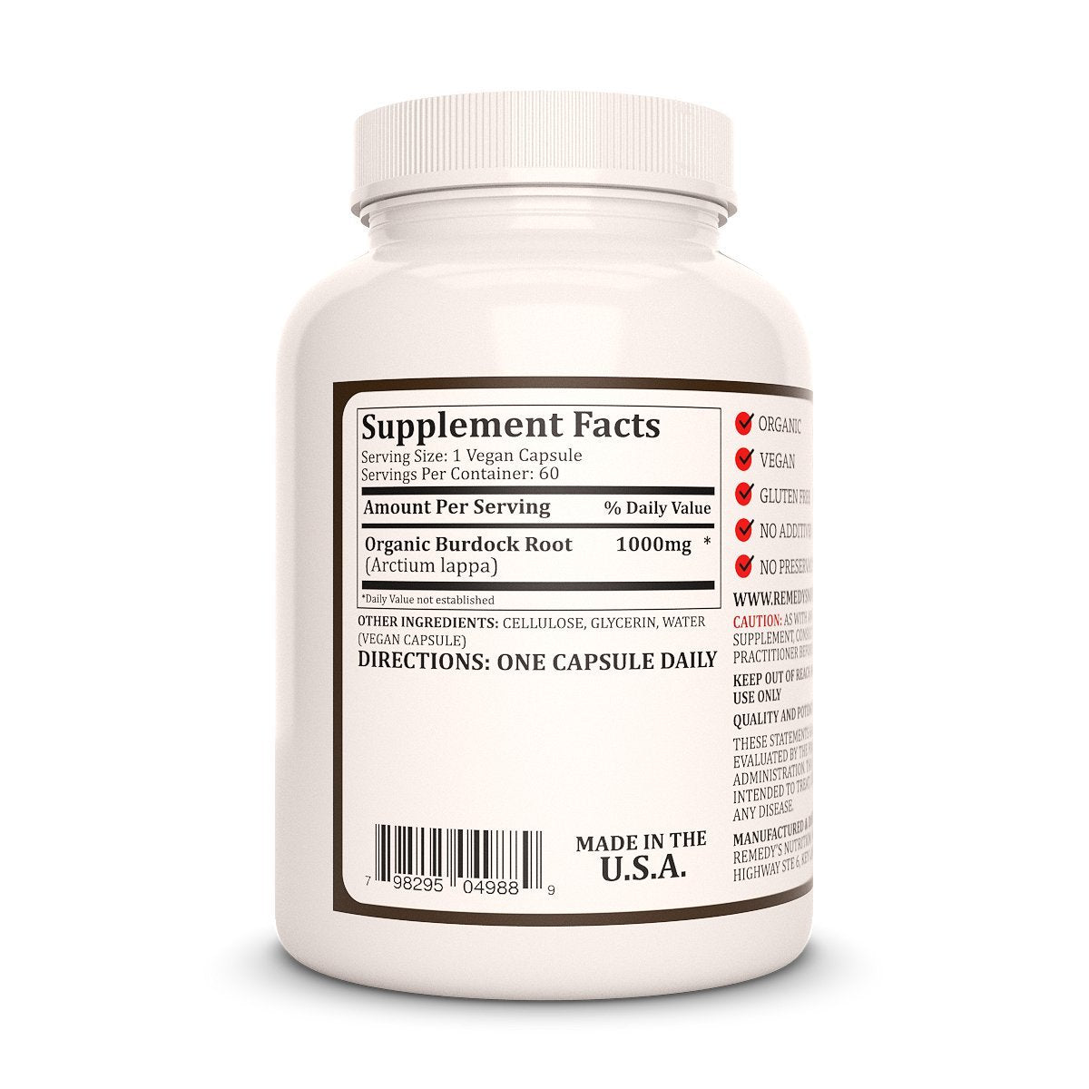 Remedy’s Nutrition Burdock Root 1000 mg Capsule, 60 Count