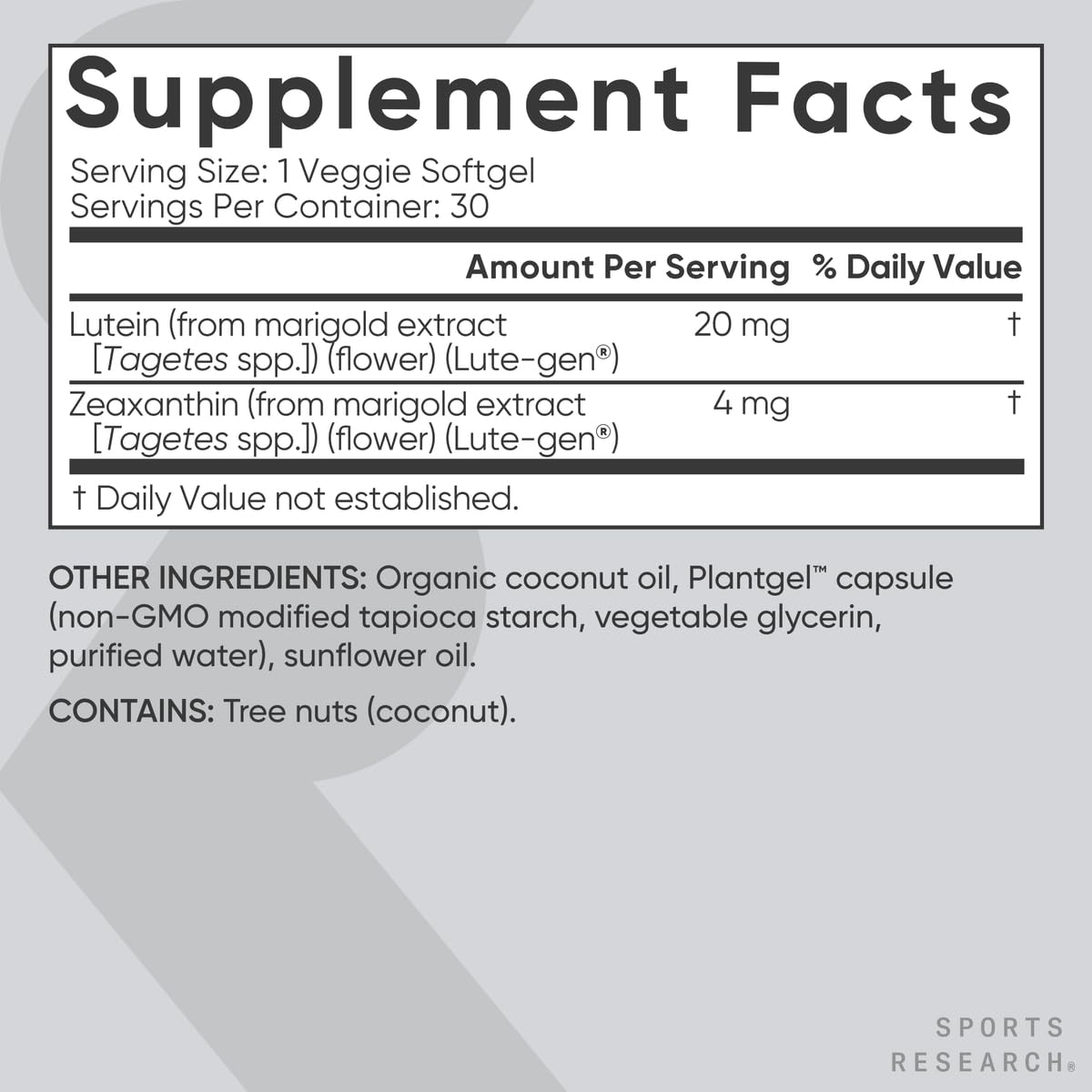 Sports Research Lutein + Zeaxanthin with Organic Coconut Oil Softgel 30
