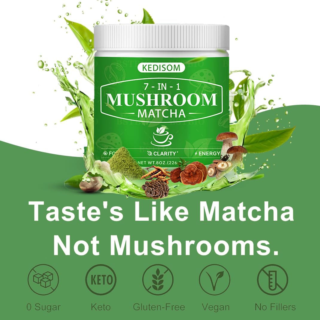KEDISOM Mushroom Matcha Adaptogenic Mushroom Blend with 7 Superfood Mushrooms and Ceremonial-Grade Matcha with Turkey Tail, Shiitake, Lion's Mane Powder 8