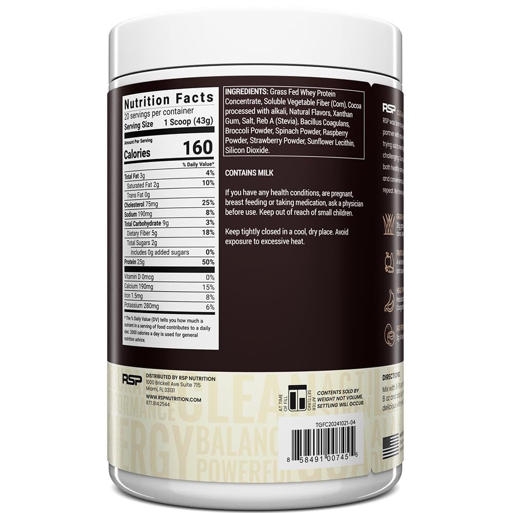 RSP NUTRITION TrueFit Grass-Fed Whey Protein Powder + Fiber & Probiotics, Chocolate Shake 32 Servings