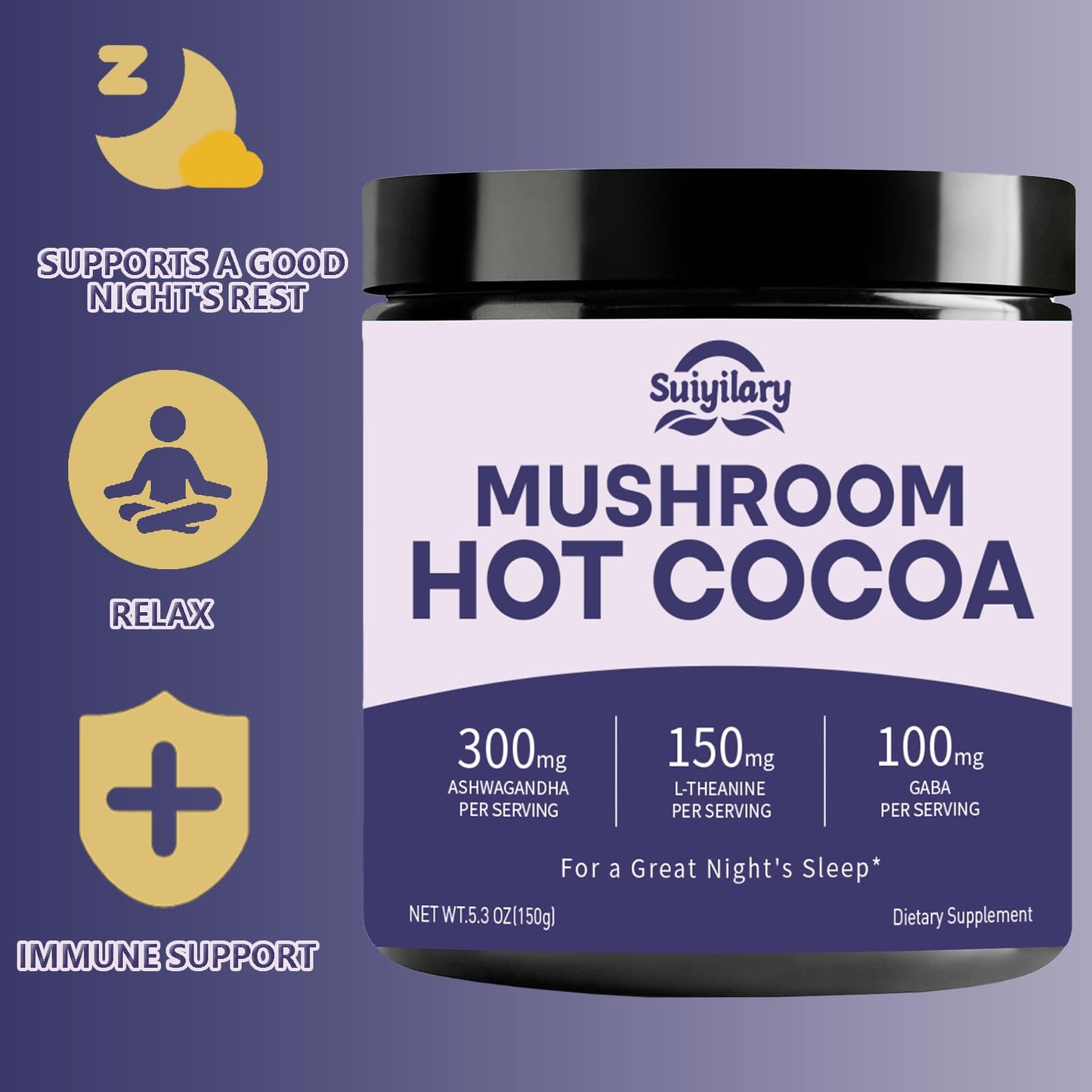Suiyilary 10 Mushroom Hot Cocoa for Calm Powder 5.3 Ounce