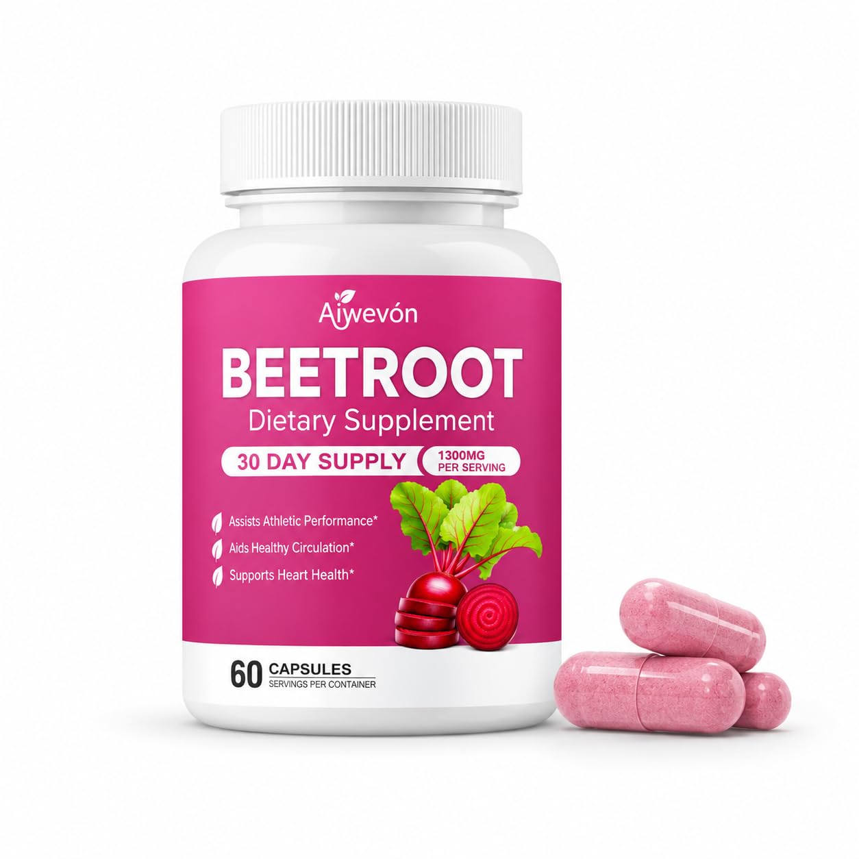 Aiwevon Organic Beet Root Capsules 1300mg per Serving – Non-GMO Beetroot Supplement for Circulation, Heart Health & Energy Support – Easy-to-Swallow Veggie Capsules, 60 Count
